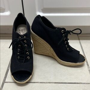 Canvas and Tweed Lace Up Open Toe Wedges | Size 7 Black